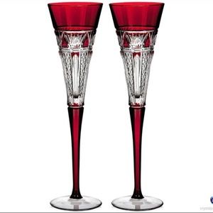 Rare Waterford Red 100th Times Square Crystal Toasting Champagne Flutes